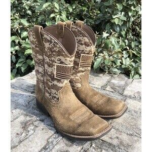 Ariat Patriot Flag Camo Western Square Toe Cowboy Boots Boys 3.5 Brown Suede